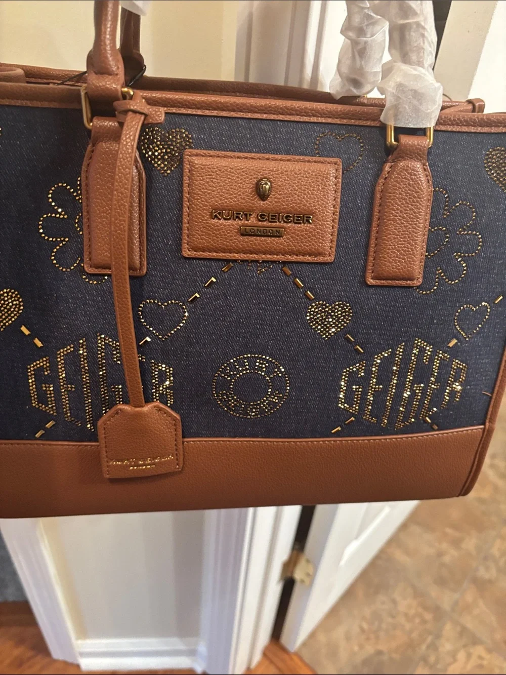 Kurt Geiger Navy Denim-Style Satchel with Tan Trim and Gold Studs